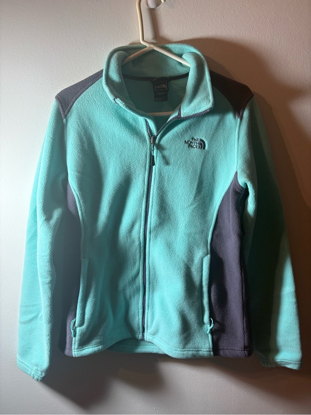 The North Face Womens Large Teal Gray Full Zip Fleece Jacket Zip Pockets